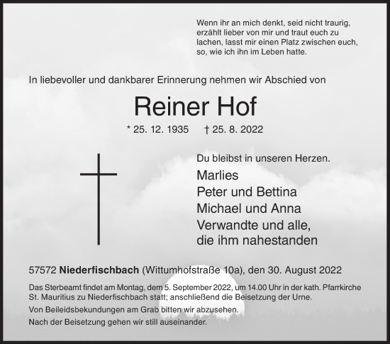 Traueranzeige von Reiner Hof von Siegener Zeitung