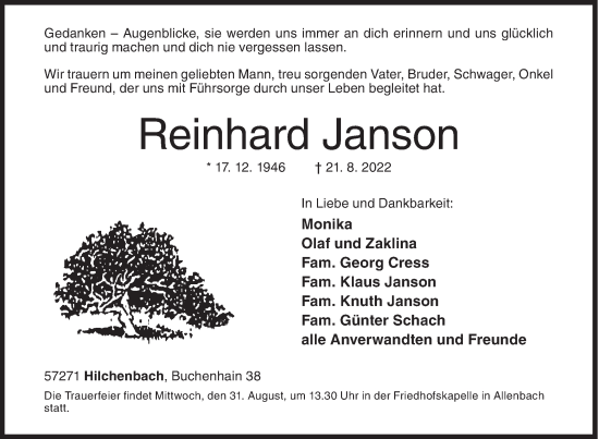 Traueranzeige von Reinhard Janson von Siegener Zeitung