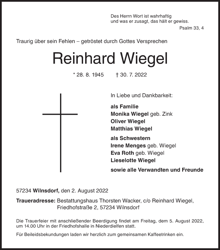  Traueranzeige für Reinhard Wiegel vom 02.08.2022 aus Siegener Zeitung