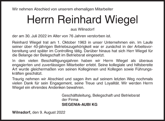 Traueranzeige von Reinhard Wiegel von Siegener Zeitung