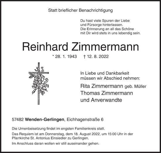 Traueranzeige von Reinhard Zimmermann von Siegener Zeitung