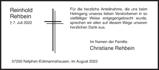 Traueranzeige von Reinhold Rehbein von Siegener Zeitung
