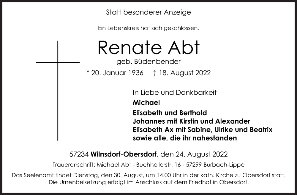  Traueranzeige für Renate Abt vom 24.08.2022 aus Siegener Zeitung