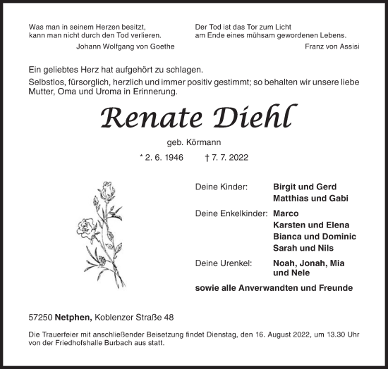 Traueranzeige von Renate Diehl von Siegener Zeitung