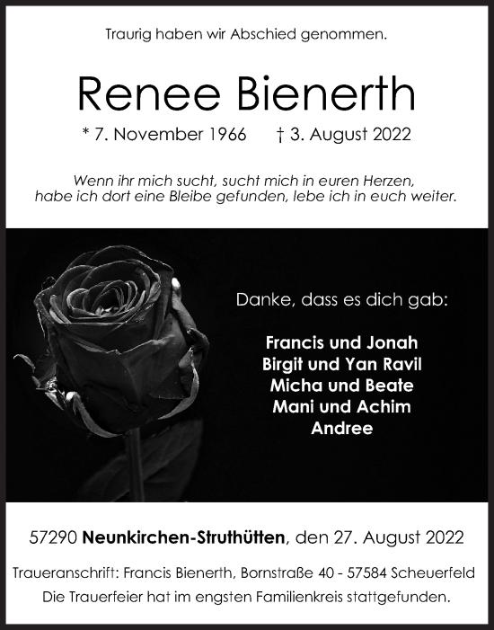 Traueranzeige von Renee Bienerth von Siegener Zeitung
