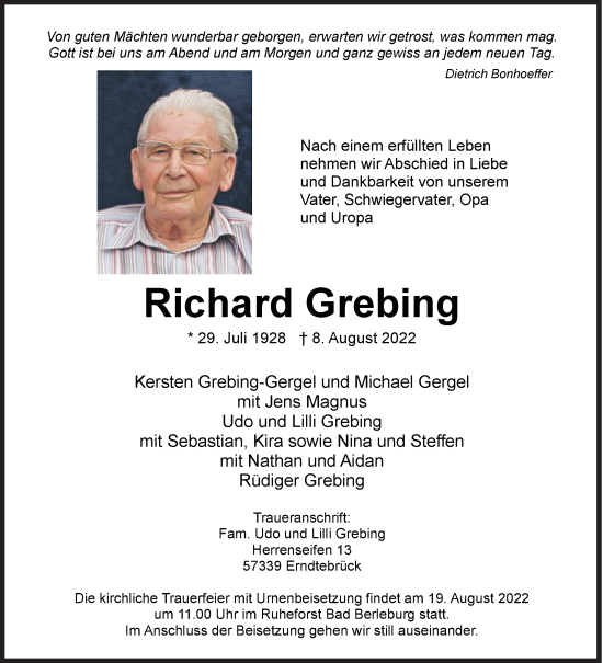 Traueranzeige von Richard Grebing von Siegener Zeitung