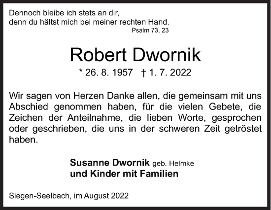 Traueranzeige von Robert Dwornik von Siegener Zeitung
