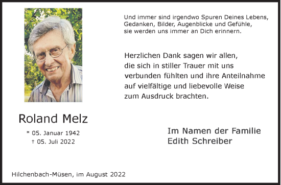 Traueranzeige von Roland Melz von Siegener Zeitung