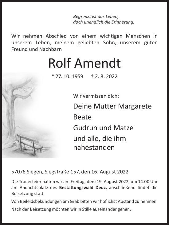 Traueranzeige von Rolf Amendt von Siegener Zeitung