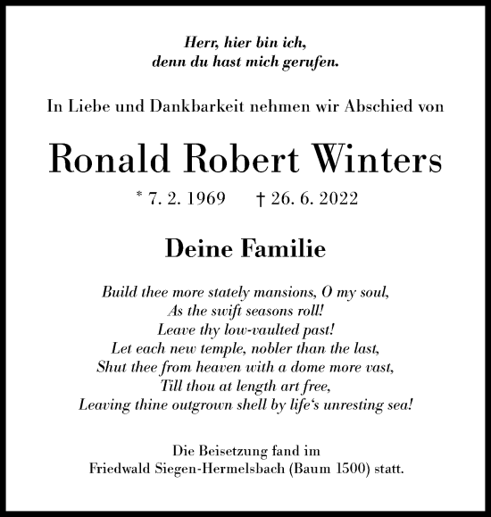 Traueranzeige von Ronald Robert Winters von Siegener Zeitung