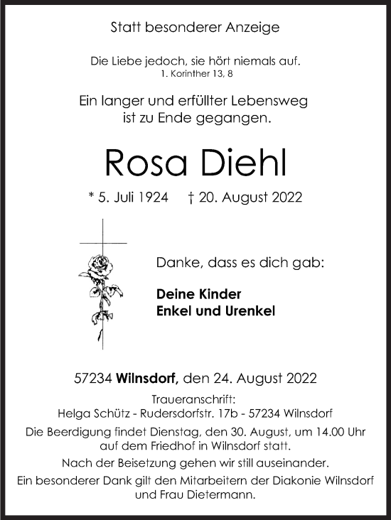 Traueranzeige von Rosa Diehl von Siegener Zeitung