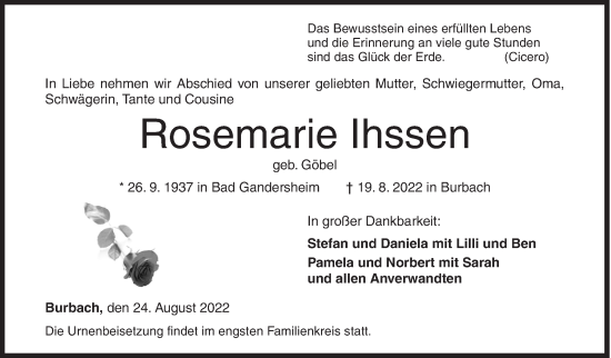 Traueranzeige von Rosemarie Ihssen von Siegener Zeitung