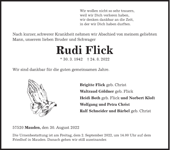 Traueranzeige von Rudi Flick von Siegener Zeitung