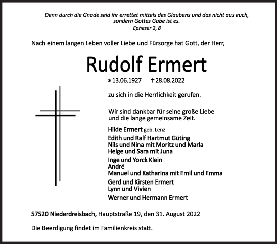 Traueranzeige von Rudolf Ermert von Siegener Zeitung