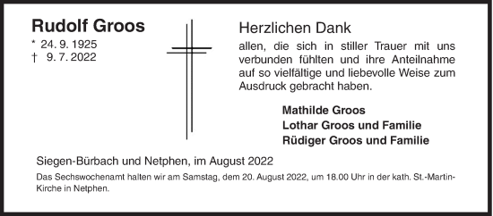 Traueranzeige von Rudolf Groos von Siegener Zeitung