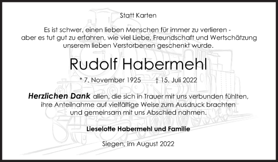 Traueranzeige von Rudolf Habermehl von Siegener Zeitung