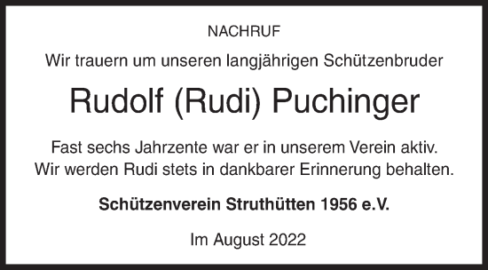 Traueranzeige von Rudolf Puchinger von Siegener Zeitung