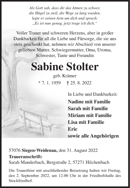 Traueranzeige von Sabine Stolter von Siegener Zeitung
