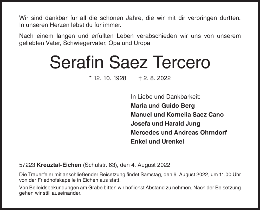  Traueranzeige für Serafin Saez Tercero vom 04.08.2022 aus Siegener Zeitung