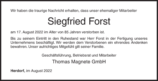 Traueranzeige von Siegfried Forst von Siegener Zeitung