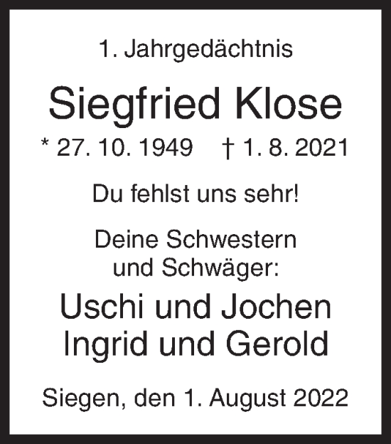 Traueranzeige von Siegfried Klose von Siegener Zeitung