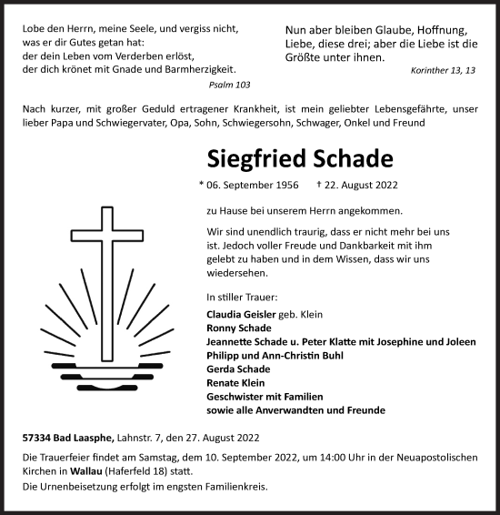 Traueranzeige von Siegfried Schade von Siegener Zeitung