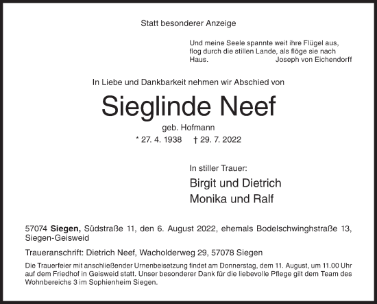 Traueranzeige von Sieglinde Neef von Siegener Zeitung