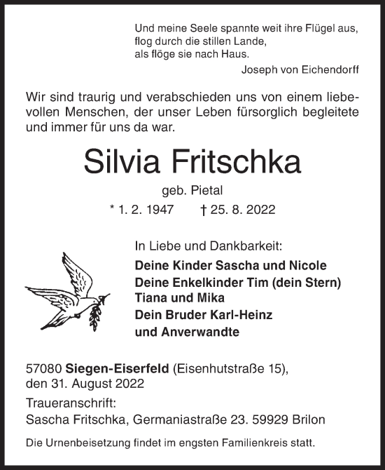Traueranzeige von Silvia Fritschka von Siegener Zeitung