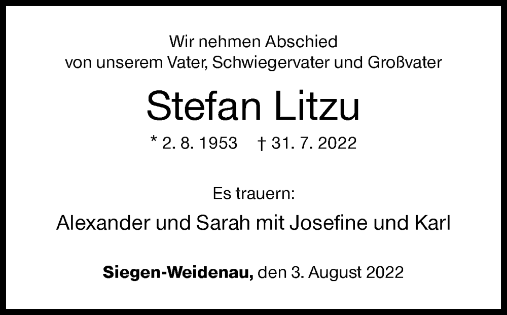  Traueranzeige für Stefan Litzu vom 03.08.2022 aus Siegener Zeitung