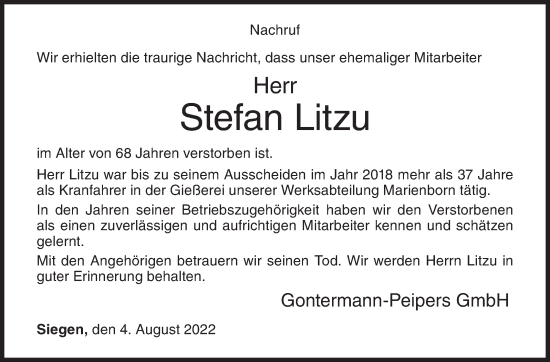 Traueranzeige von Stefan Litzu von Siegener Zeitung