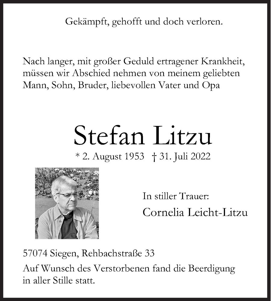  Traueranzeige für Stefan Litzu vom 08.08.2022 aus Siegener Zeitung