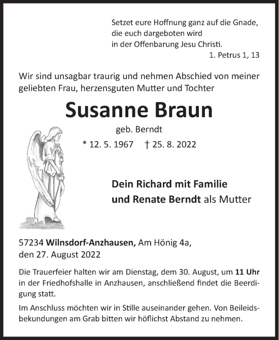 Traueranzeige von Susanne Braun von Siegener Zeitung