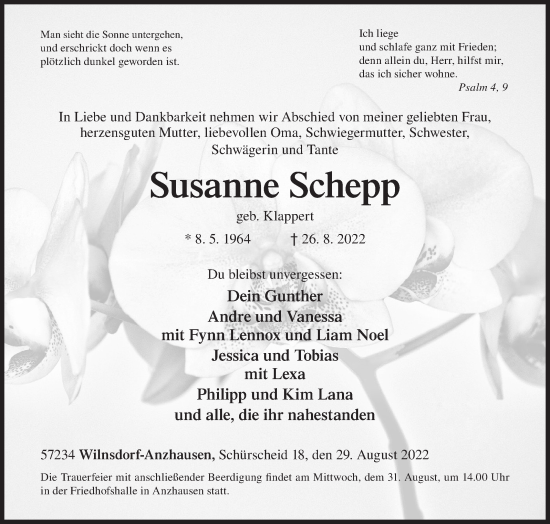Traueranzeige von Susanne Schepp von Siegener Zeitung