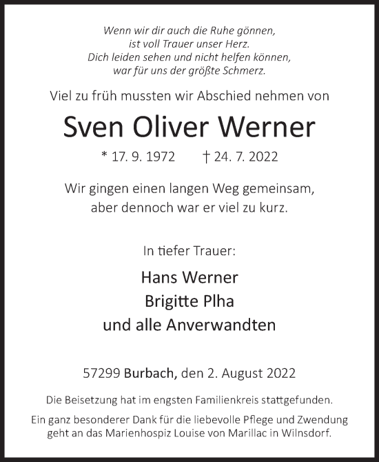Traueranzeige von Sven Oliver Werner von Siegener Zeitung