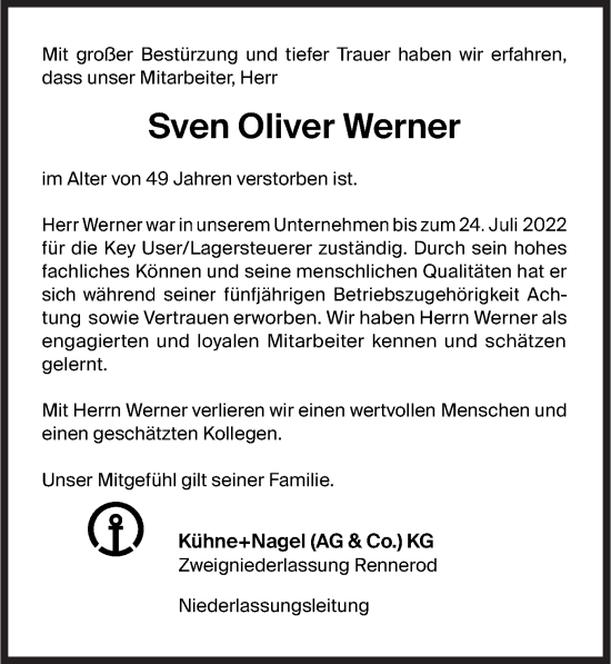 Traueranzeige von Sven Oliver Werner von Siegener Zeitung