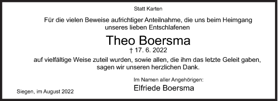 Traueranzeige von Theo Boersma von Siegener Zeitung