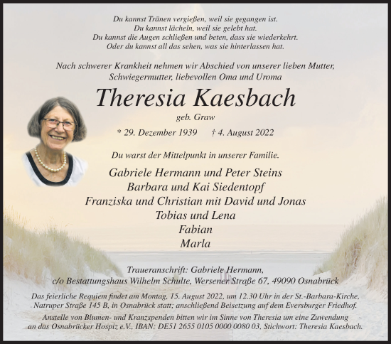 Traueranzeige von Theresia Kaesbach von Siegener Zeitung