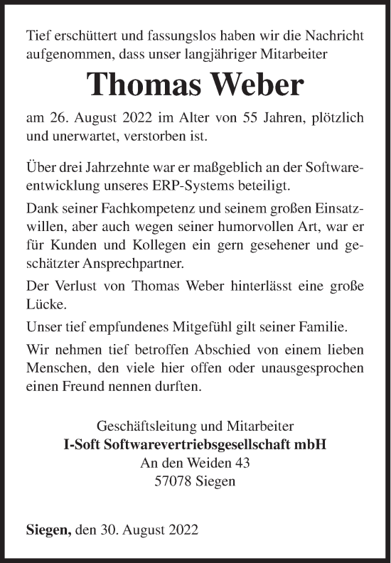 Traueranzeige von Thomas Weber von Siegener Zeitung