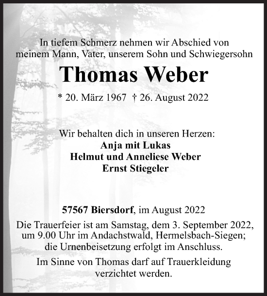 Traueranzeige von Thomas Weber von Siegener Zeitung