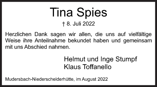 Traueranzeige von Tina Spies von Siegener Zeitung