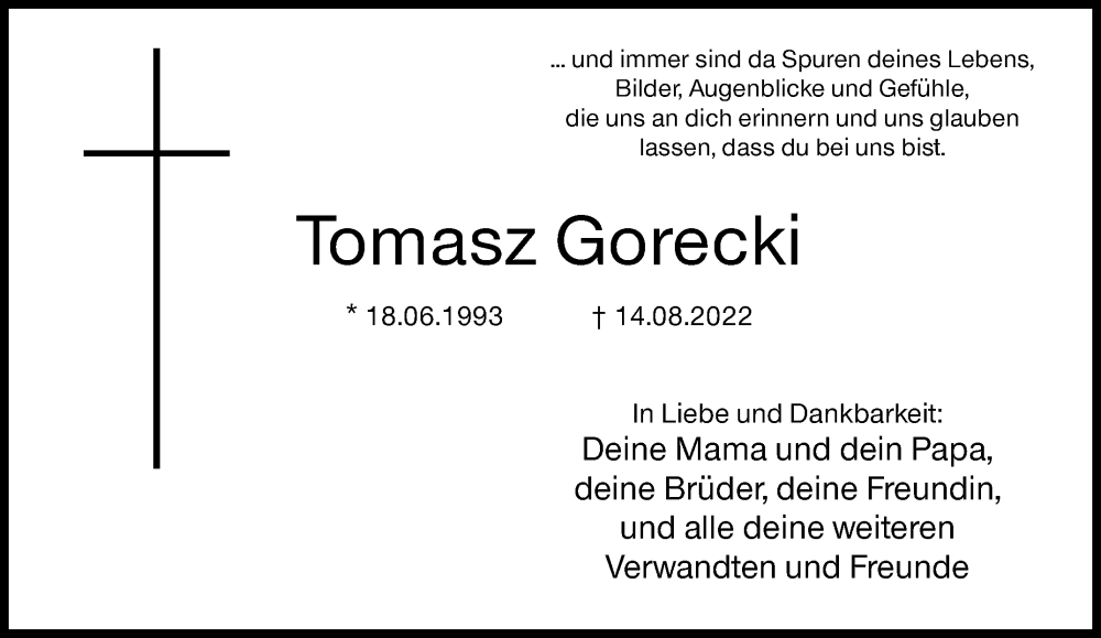  Traueranzeige für Tomasz Gorecki vom 29.08.2022 aus Siegener Zeitung