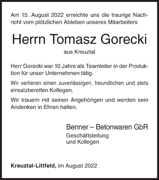 Traueranzeige von Tomasz Gorecki von Siegener Zeitung