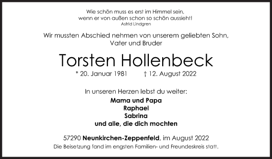 Traueranzeige von Torsten Hollenbeck von Siegener Zeitung