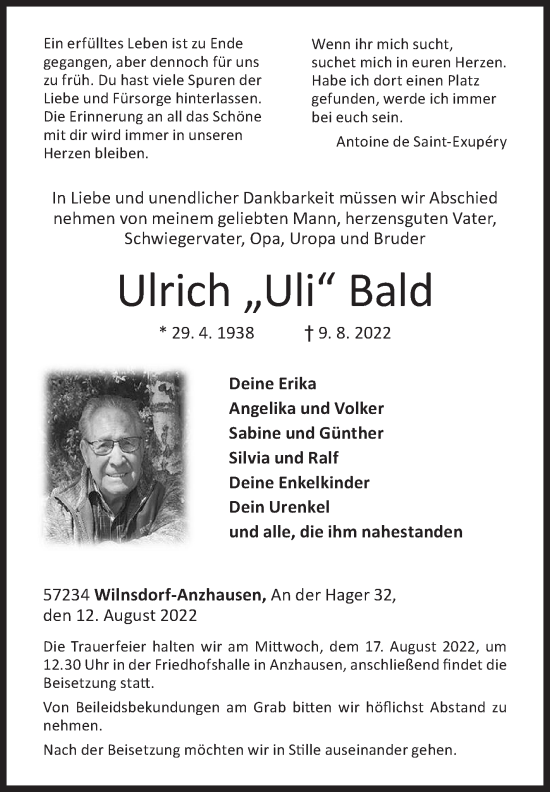 Traueranzeige von Ulrich Bald von Siegener Zeitung