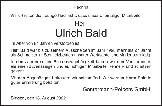 Traueranzeige von Ulrich Bald von Siegener Zeitung