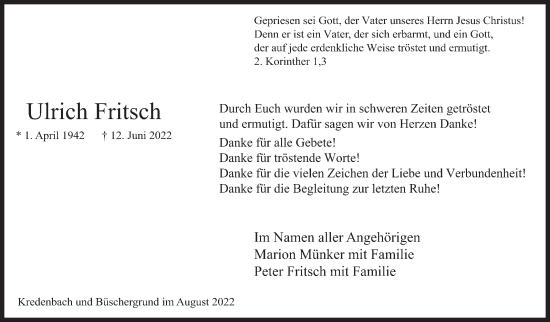 Traueranzeige von Ulrich Fritsch von Siegener Zeitung