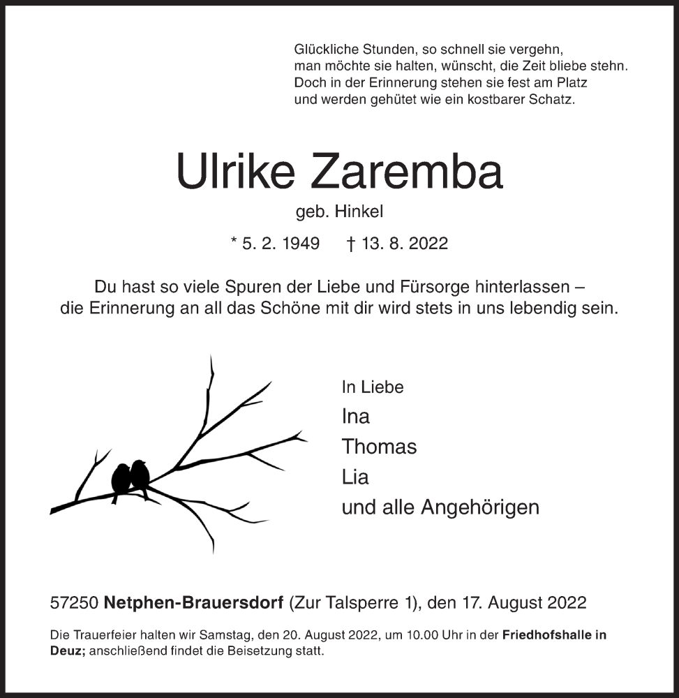  Traueranzeige für Ulrike Zaremba vom 17.08.2022 aus Siegener Zeitung