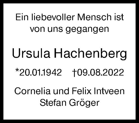 Traueranzeige von Ursula Hachenberg von Siegener Zeitung