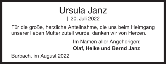 Traueranzeige von Ursula Janz von Siegener Zeitung