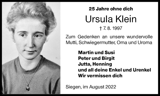 Traueranzeige von Ursula Klein von Siegener Zeitung